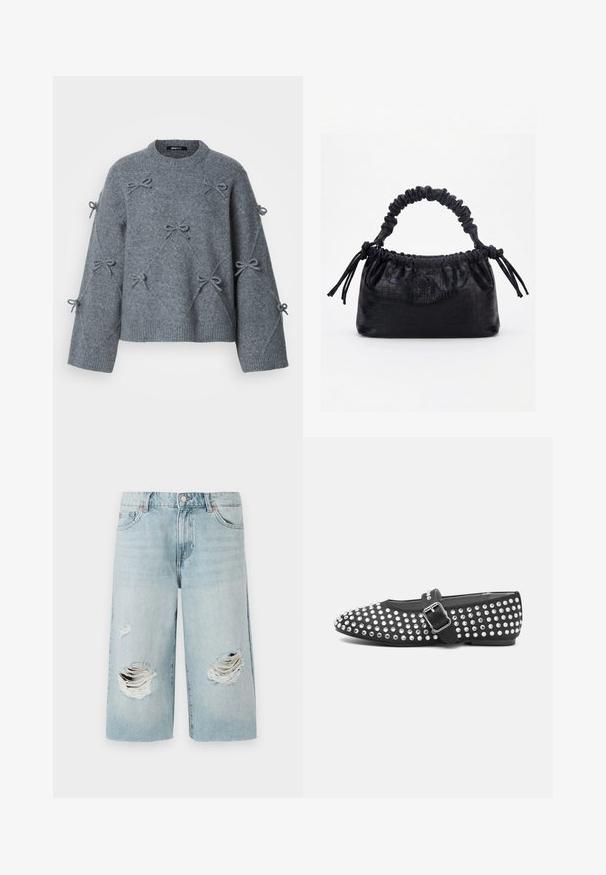 Grå strikket sweater med løs pasform, rund halsudskæring og dekorative sløjfer syet på forsiden og ærmerne. Blødt, tekstureret stof.; Lyseblå denimshorts med løs pasform, der har to store slidte huller foran. Fem lommer og en synlig metalknaplukning.; Sort flad sko med rund tå, nitterdesignet med metalliske accenter og en spænde-rem over vristen.; Sort taske med krokodilletekstur, rynket øverste kant, samlet hank og snore med kvaster på hver side mod en hvid baggrund.