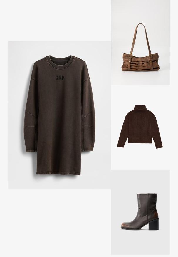 Bruine geribbelde coltrui met lange mouwen en een cropped silhouet, met een dikke, gestructureerde brei ontwerp.; Bruine oversized sweatshirtjurk gemaakt van zacht materiaal, met een ronde halslijn en een geborduurd "GAP"-logo op de borst.; Donkerbruine leren laars tot halverwege het kuit met een ronde neus en blokhak, met subtiele slijtageplekken op de neus en hak.; Even&Odd Handtas - brown