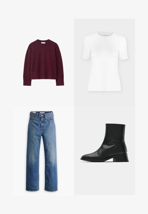 Bordeaux gebreide trui met een geribbelde ronde hals, oversized pasvorm en brede mouwen, gemaakt van een zachte, gestructureerde stof.; Wit T-shirt met korte mouwen en een ronde hals, een slanke pasvorm en geribbelde stof, weergegeven op een effen lichtgrijze achtergrond.; Lichtblauwe spijkerbroek met een hoge taille, brede pijpen, klassieke vijfzakkenstijl en subtiele vervaging in de stof.; Zwarte enkelboot van glanzend leer, met een slank ontwerp, spitse neus en een gematigde blokhak voor stabiliteit.