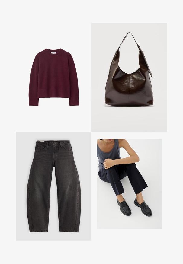 Bordeaux gebreide trui met een geribbelde ronde hals, oversized pasvorm en brede mouwen, gemaakt van een zachte, gestructureerde stof.; Zwarte denim jeans met een relaxed fit, voorzien van vijf zakken, een knoopsluiting en subtiele vervaging. De stof heeft een soepele, stevige textuur.; Zwarte leren loafers met textuurelementen, lage hak, ronde neus en zichtbare stiksels. Model draagt donkere broek en een grijze top.; Donkerbruine glanzende leren schoudertas met een enkele brede riem en gespsdetail aan één kant, tegen een effen lichte achtergrond.