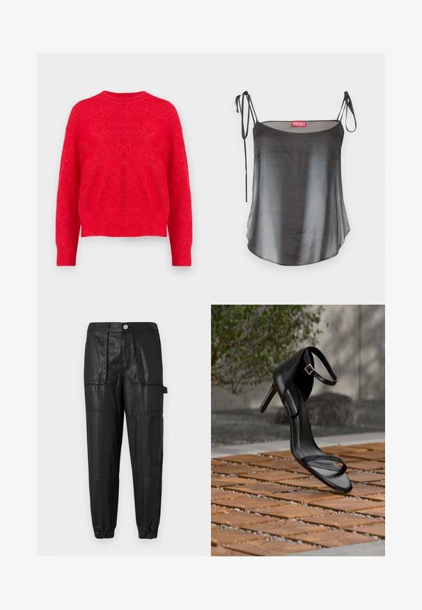 Rød strikket sweater med rund halsudskæring, drop-shoulder ærmer og ribbede manchetter og kant. Blød tekstur med en let løs pasform.; Sort satin camisole med tynde, justerbare stropper og en buet udskæring. Har en diskret glans og en løs, flydende pasform. Rød etiket indeni.; Sorte læderbukser med elastisk talje, snævre manchetter og flere lommer. Stoffet har en let blank finish.; Sort højhælet sandal med ankelsnor, der ser ud til at svæve over et trægulv udendørs med sløret grønt og sten i baggrunden.