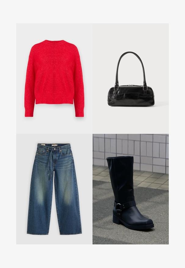 Roter gestrickter Pullover mit rundem Ausschnitt, Fallerschultern und gerippten Bündchen und Saum. Weiche Textur mit einem leicht lockeren Schnitt.; Dunkelblaue Denim-Hosen im weit geschnittenen Stil mit einem verwaschenen Design, ausgestattet mit einem Kordelzug am Bund und fünf Taschen.; Schwarzer Lederstiefel bis zur Mitte der Wade mit niedrigem Blockabsatz und dekorativem Riemen mit Metallschnalle um den Knöchel, auf einem gefliesten Gehweg.; Schwarze Lederhandtasche in rechteckiger Form, mit einem stabilen Griff, silbernem Zubehör und Reißverschluss. Glatte Textur.