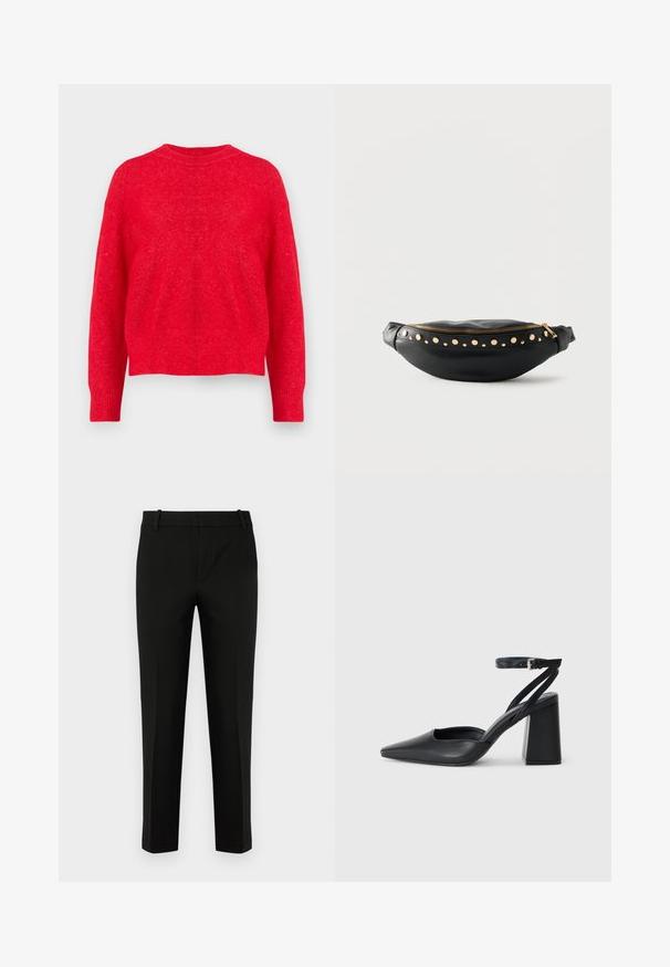 Roter gestrickter Pullover mit rundem Ausschnitt, Fallerschultern und gerippten Bündchen und Saum. Weiche Textur mit einem leicht lockeren Schnitt.; Schwarze Hose in Slim-Fit, mit flacher Vorderseite, seitlichen Taschen und glatter Textur. Entworfen mit einer mittelhohen Taille und zulaufenden Beinen.; Schwarze Leder-Pumps mit spitzer Zehe, einem Knöchelriemen und einem blockigen Absatz. Flache Textur, elegantes Design und minimalistische Ästhetik.; Schwarze Leder-Gürteltasche mit goldenem Reißverschluss und runden goldenen Nieten auf der Vorderseite, dargestellt vor einem schlichten weißen Hintergrund.