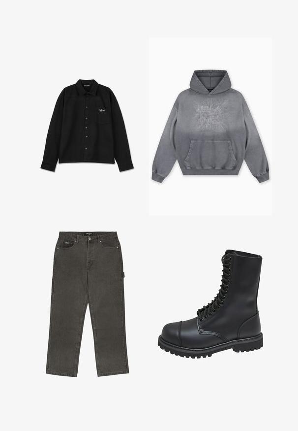 Grå hættetrøje med tekstureret print med "FAVELA Worldwide" og et ørnedesign, frontlomme og ribbede manchetter.; Sort langærmet skjorte lavet af stof, med krave, knap-lukning foran, enkelt brystlomme og broderet logo i hvid på lommen.; Mørkegrå denim jeans med lige ben, fem-lomme design og en lille side løkke til ekstra funktionalitet.; Sort læder kampstøvle med høj skaft, snørebånd foran, polstret krave og en robust tekstureret sål for godt greb. Har forstærket tåhætte.