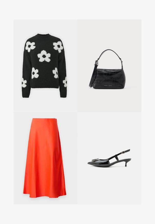 Suéter de punto negro con patrones de flores blancas, cuello redondo y puños y dobladillo acanalados. Fabricado en un suave tejido texturizado.; Falda midi de satén rojo con una textura suave, silueta en forma de A y un sutil vuelo en el dobladillo. Sin patrones visibles ni adornos.; Zapato slingback de charol negro con tacón kitten, punta puntiaguda, laterales recortados, correa con hebilla y detalle metálico circular en la punta.; Bolso de hombro de cuero negro con relieve de cocodrilo, asa superior e impresión del logo en el frente.
