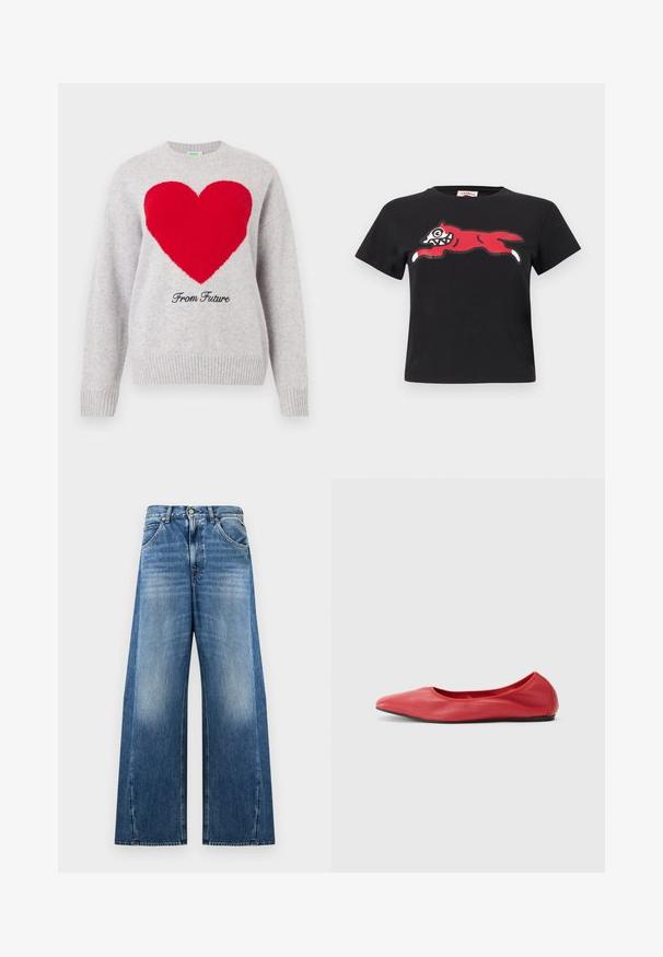 Pull en maille gris clair avec un grand cœur rouge sur la poitrine et "From Future" écrit en dessous en cursive noire.; Crop top noir à manches courtes avec un graphisme d'un renard rouge stylisé sautant, aux dents et pattes blanches, sur la poitrine.; Jean en denim bleu à jambes larges avec taille haute, zones avant des cuisses décolorées, poches avant, fermeture par boutons et passants de ceinture sur fond blanc.; Filippa K REY FLATS - Ballerines - bright red