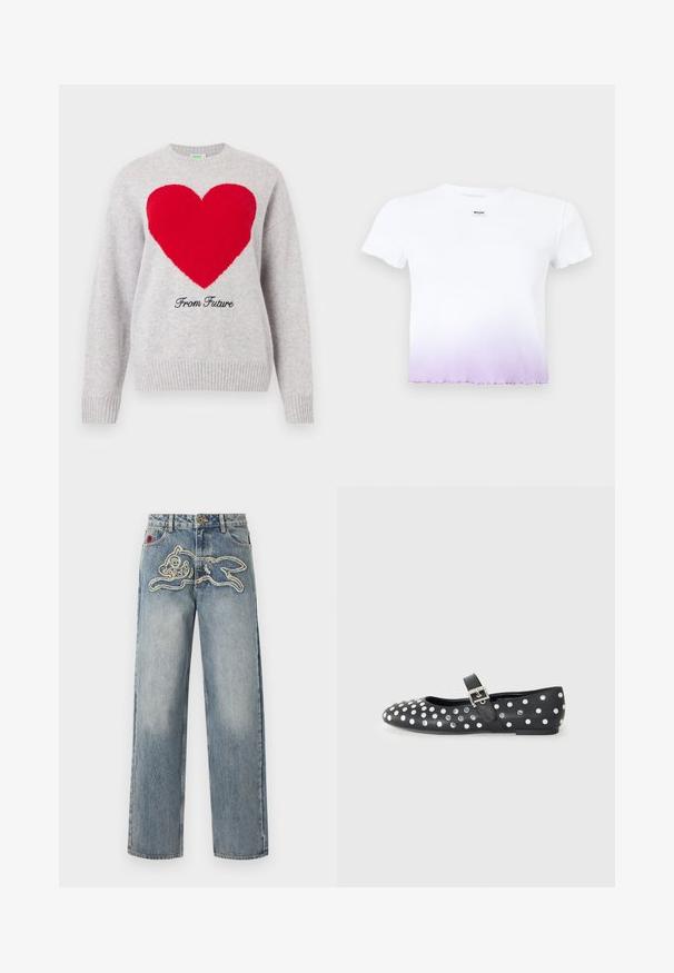 Lysegrå strikket sweater med et stort rødt hjerte på brystet og "From Future" skrevet nedenunder med sort kursiv.; Hvid ribbet crop top med korte ærmer, med en subtil lilla gradient ved kanten og et lille Moschino-label på brystet.; Denimjeans med vid benpasform og en broderet kontur af en springende kanin over det forreste lår.; Sorte læder flade sko med rund tå, prydet med sølvnitter i et prikket mønster og en spænde rem over vristen.