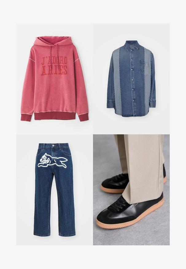 Rotes Sweatshirt mit Kapuze, ausgestattet mit dem aufgedruckten Text "J'ADORE ARIES" in dunklerem Rot. Gerippte Bündchen und Saum mit einem weichen, strukturierten Stoff.; Denimhemd mit einem zweifarbigen Design, bestehenden aus dunklen und hellblauen Abschnitten, mit Knopfleiste, Kragen und einer Brusttasche.; Dunkelblaue weit geschnittene Jeans mit einem großen weißen Cartoon-Hundegrafik auf der Gesäßtasche. Denim-Struktur, traditionelles Fünf-Taschen-Design.; Paul Smith COMO - Sneaker low - black
