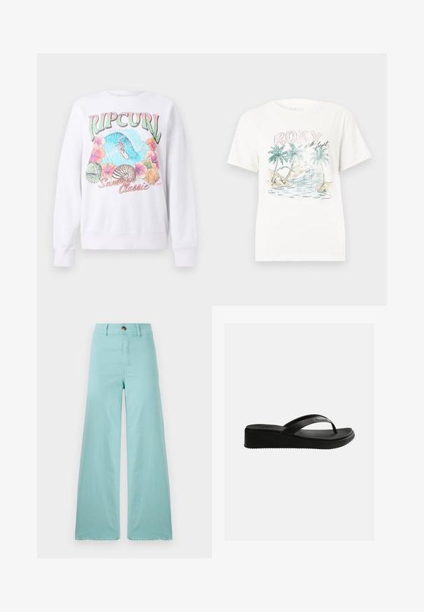 Hvid sweatshirt med et farverigt grafisk print med "Ripcurl" øverst, tropiske blomster og en surfescene. Klassisk stylet pasform.; Hvid T-shirt med et tropisk motiv af palmer, havets bølger og teksten "ROXY with heart" i pastel farver på fronten.; Bredde bukser lavet af lyseblå stof med en frynset kant. Har en knaplukning og standard lommer. Glat tekstur hele vejen igennem.; Sort kileformet flip-flop sandal med tekstureret fodseng og tynde stropper med diskret branding på en ensfarvet hvid baggrund.