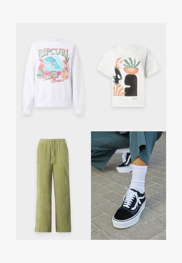 Hvid sweatshirt med et farverigt grafisk print med "Ripcurl" øverst, tropiske blomster og en surfescene. Klassisk stylet pasform.; Hvid t-shirt med abstrakt kunst af en sort silhuet af et hoved, en grøn plante i en orange skål på hovedet, orange og grønne former, samt "RVCA" logo.; Grønne fløjl bukser med vidde, elastisk talje og snøre detaljer. Lodrette ribber i stoffet skaber tekstur.; Sorte ruskinds sneakers med hvide accenter og snørebånd, der har en tyk hvid sål og kontrasterende syninger, parret med en hvid sok.