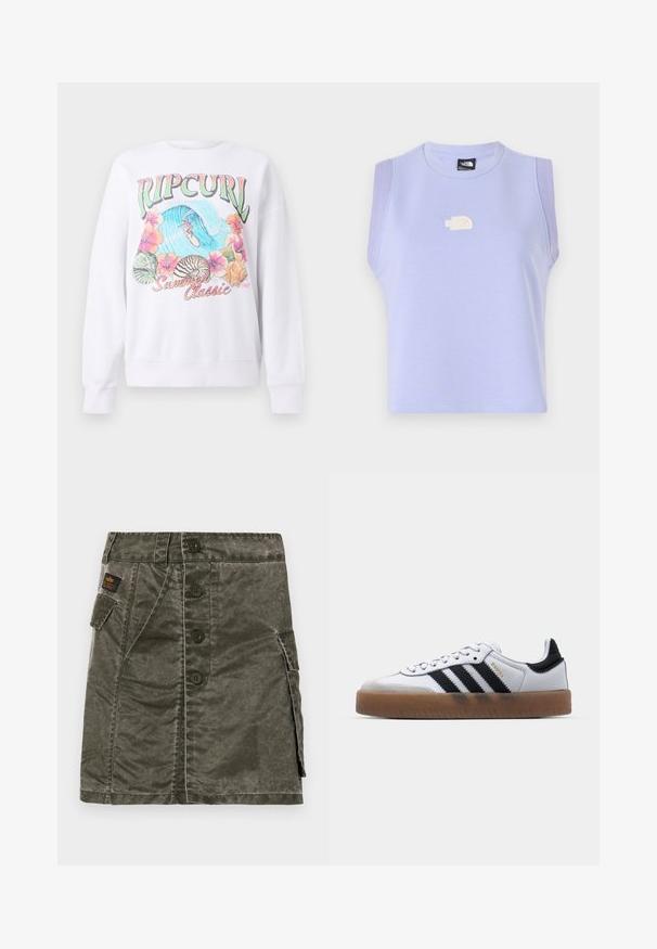 Weißer Sweatshirt mit einem bunten Grafikdruck, der "Ripcurl" oben zeigt, tropische Blumen und eine Surfszene. Klassisch geschnitten.; Lila ärmelloses Crop-Top aus weichem Material, mit einem runden Ausschnitt und einem kleinen gestickten Logo auf der Vorderseite.; Olivgrüner Rock mit Knopfverschluss, gefertigt aus strukturierter Stoff, mit einer Seiten Tasche und gestickten Details. Reguläre Passform, knielanges Design.; Weiße Leder Sneakers mit schwarzen Streifen, Gummigummi-Außensohle, runder Zehenform, Schnürverschluss und weichem grauem Wildleder-Zehenkappe.