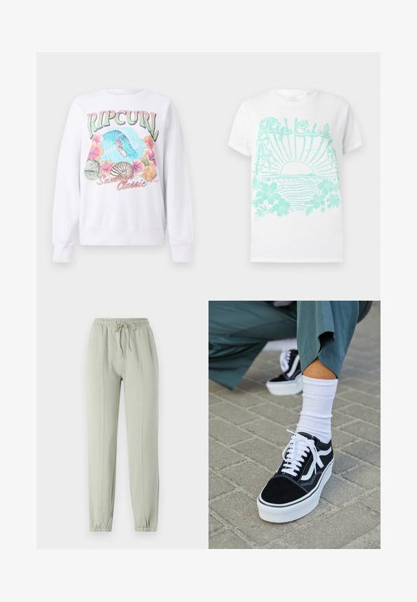 Sudadera blanca con un estampado gráfico colorido que incluye "Ripcurl" en la parte superior, flores tropicales y una escena de surf. Ajuste de estilo clásico.; Camiseta blanca de manga corta con estampado turquesa de un sol poniéndose sobre las olas del océano, palmeras, flores de hibisco y el texto "Rip Curl".; Pantalones de chándal verde claro con un cinturón elástico, cordón ajustable y puños ajustados. Presenta detalles de costura vertical a lo largo del frente.; Zapatillas de ante negro con acentos y cordones blancos, que cuentan con una gruesa suela blanca y costuras en contraste, combinadas con un calcetín blanco.