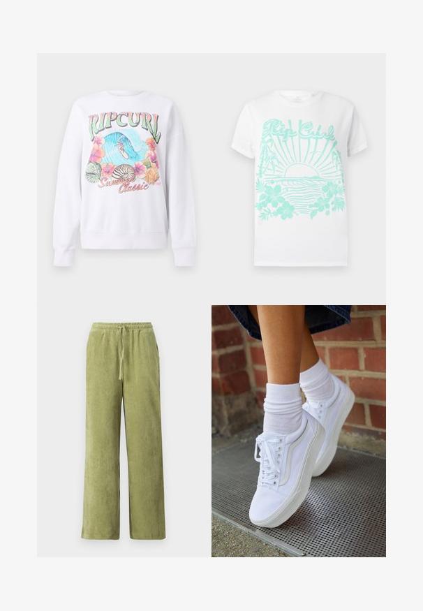 Weißer Sweatshirt mit einem bunten Grafikdruck, der "Ripcurl" oben zeigt, tropische Blumen und eine Surfszene. Klassisch geschnitten.; Weißes T-Shirt mit kurzen Ärmeln und türkisfarbenem Aufdruck einer Sonne, die über den Wellen des Ozeans untergeht, mit Palmen, Hibiskusblüten und dem Text "Rip Curl".; Grüne Cord-Hosen mit weitem Bein, elastischem Bund und Kordelzug. Vertikale Rillen im Stoff schaffen Textur.; Weiße Leinensneaker mit Gummisohlen, ausgestattet mit sechs Ösen, runder Zehenpartie und dezenten Nähten, kombiniert mit weißen Knöchelsocken.