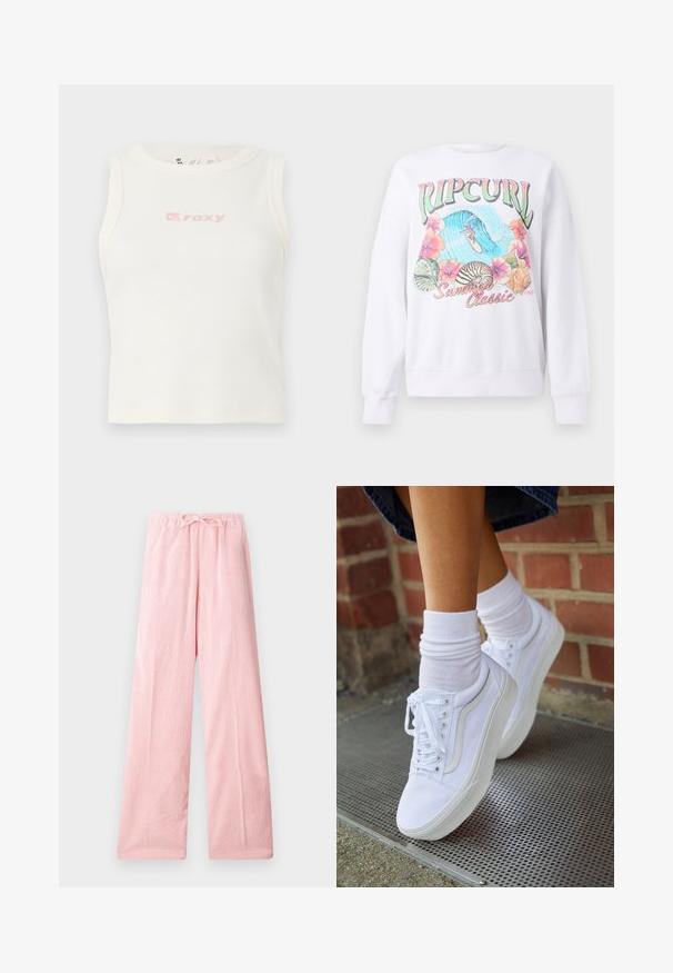 Sweatshirt blanc avec un imprimé graphique coloré portant "Ripcurl" en haut, des fleurs tropicales et une scène de surf. Coupe au style classique.; Débardeur blanc côtelé avec un col rond et un petit logo "Roxy" rose sur la poitrine. Texture lisse, design ajusté, sans manches.; Pantalons large rose clair en tissu doux, dotés d'une taille élastique avec cordon de serrage pour un ajustement réglable et une texture subtile.; Baskets en toile blanches avec semelles en caoutchouc, dotées de six œillets, d'un bout rond et de détails de couture légers, portées avec des chaussettes blanches mi-mollet.
