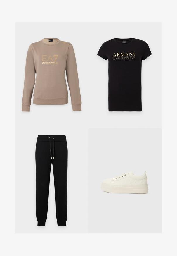 Taupekleurige sweater met lange mouwen en ronde hals, gouden EA7 Emporio Armani-logo en klein gouden detail op de linkerschouder.; Zwarte t-shirt met korte mouwen en een ronde hals, voorzien van een gouden "ARMANI EXCHANGE" logo op de voorkant. Van katoen.; Zwarte joggingsbroeken met elastische tailleband en koord, ribgebreide manchetten en subtiele logo-detail aan de zijkant van het been.; Witte sneakers met een gestructureerde bovenkant, platte zool, ronde neus en een klein trekloopje aan de hiel. Voorzien van metalen veterogen.