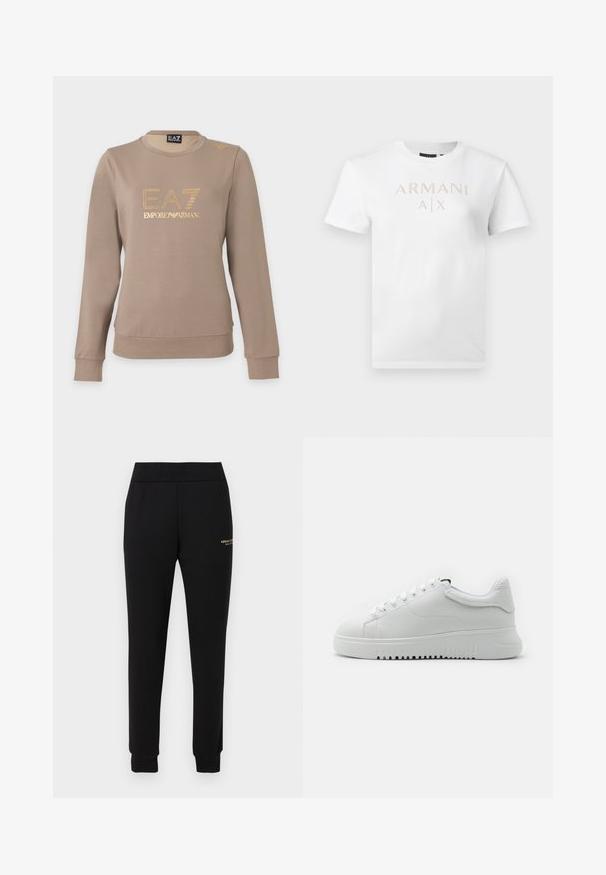 Sweat-shirt taupe à manches longues avec col rond, logo EA7 Emporio Armani doré et petit détail doré sur l'épaule gauche.; T-shirt unisexe blanc à manches courtes avec col rond et logo "ARMANI A|X" en petits clous dorés répartis uniformément sur la poitrine.; Pantalon de survêtement noir fuselé avec taille et poignets élastiques, présentant un petit logo doré "Armani Exchange" sur la cuisse droite.; Baskets blanches avec une tige en cuir texturé, bout rond et lacets. Semelle en caoutchouc blanc épaisse avec un motif de traction texturé.