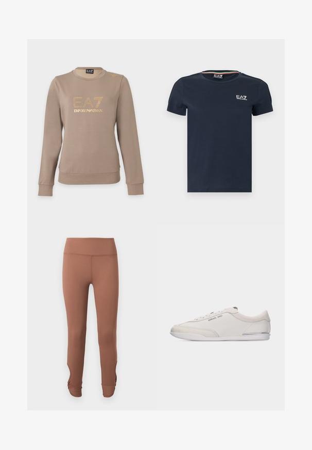 Sweat-shirt taupe à manches longues avec col rond, logo EA7 Emporio Armani doré et petit détail doré sur l'épaule gauche.; T-shirt en coton bleu marine à manches courtes, col rond, avec le logo EA7 blanc sur la poitrine. Présente une bordure texturée au niveau de l'encolure.; Leggings marron taille haute avec détails froncés à la cheville, présentés sur un fond clair uni.; Baskets basses blanc cassé et beige à lacets, avec des détails en cuir lisse et en daim, arborant un petit logo Michael Kors sur le côté.