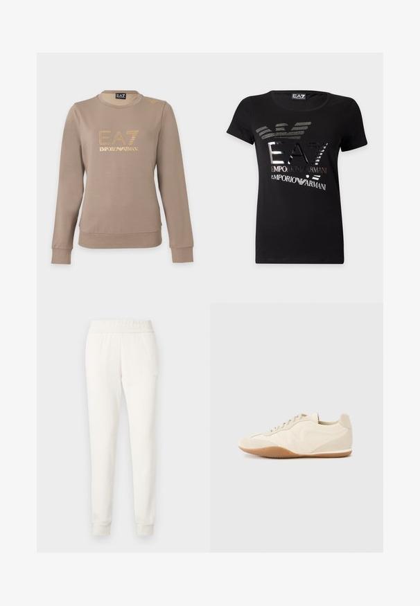 Sweat-shirt taupe à manches longues avec col rond, logo EA7 Emporio Armani doré et petit détail doré sur l'épaule gauche.; T-shirt noir à manches courtes avec logo EA7 Emporio Armani argent métallique et motif aigle stylisé sur le devant.; Pantalon de jogger crème en tissu doux, avec une taille et des poignets ajustés. Design simple sans motifs visibles ni ornements.; Baskets beige clair avec une tige en cuir texturé, des panneaux latéraux texturés et une semelle en caoutchouc. Dotées d'un design fin et épuré ainsi que de lacets plats.