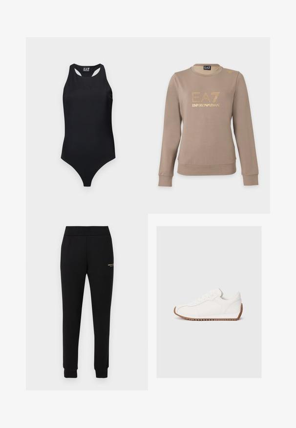 Sweat-shirt taupe à manches longues avec col rond, logo EA7 Emporio Armani doré et petit détail doré sur l'épaule gauche.; Body noir une pièce sans manches avec dos nageur et logo EA7 Emporio Armani subtilement embossé sur la poitrine.; Pantalon de survêtement noir fuselé avec taille et poignets élastiques, présentant un petit logo doré "Armani Exchange" sur la cuisse droite.; Baskets blanches avec tige en cuir lisse, semelle en caoutchouc texturée, bout rond et détails de couture subtils. Semelle extérieure en caoutchouc marron contrastante.