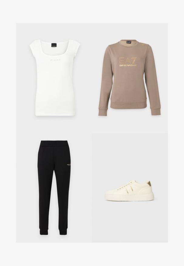 Sweat-shirt taupe à manches longues avec col rond, logo EA7 Emporio Armani doré et petit détail doré sur l'épaule gauche.; Haut sans manches en maille côtelée blanche avec large encolure carrée et logo "PINKO" brodé sur la poitrine.; Pantalon de survêtement noir fuselé avec taille et poignets élastiques, présentant un petit logo doré "Armani Exchange" sur la cuisse droite.; Baskets basses de couleur crème avec des accents dorés, des lacets et un marquage « Armani Exchange » en relief sur la semelle et le patch latéral.