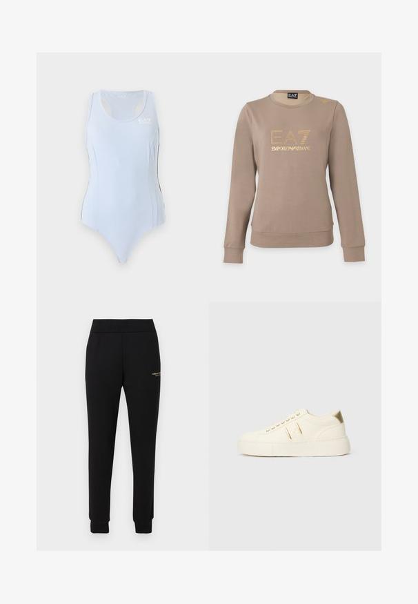 Sweat-shirt taupe à manches longues avec col rond, logo EA7 Emporio Armani doré et petit détail doré sur l'épaule gauche.; Justaucorps de sport bleu clair sans manches avec dos nageur et petit logo blanc EA7 sur le haut du côté gauche de la poitrine.; Pantalon de survêtement noir fuselé avec taille et poignets élastiques, présentant un petit logo doré "Armani Exchange" sur la cuisse droite.; Baskets basses de couleur crème avec des accents dorés, des lacets et un marquage « Armani Exchange » en relief sur la semelle et le patch latéral.