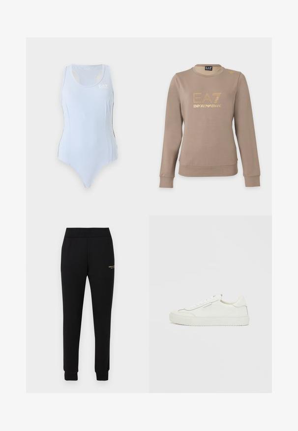 Sweat-shirt taupe à manches longues avec col rond, logo EA7 Emporio Armani doré et petit détail doré sur l'épaule gauche.; Justaucorps de sport bleu clair sans manches avec dos nageur et petit logo blanc EA7 sur le haut du côté gauche de la poitrine.; Pantalon de survêtement noir fuselé avec taille et poignets élastiques, présentant un petit logo doré "Armani Exchange" sur la cuisse droite.; Baskets blanches basses avec bords festonnés, fermeture à lacets et semelle en caoutchouc plate sur un fond blanc uni.