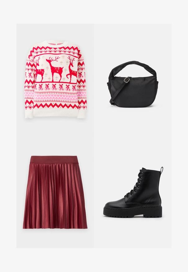 Strikket sweater i hvid med et mønster af røde og pink rensdyr, som har hjerter og zigzag-motiver. Ribbenstrik ved ærmerne og i kanten. Klassisk rund halsudskæring.; Plisseret nederdel lavet af skinnende, burgunder stof med en bred, elastisk talje. Længden er over knæet, med lodrette plisseringer over det hele.; Sort læder ankelstøvle med en tykk, tekstureret sål, rund tå og metaløjer til snørebånd. Har en løkke bagpå.; Sort stof skuldertaske med et snoet håndtag, en aftagelig rem og en lynlåslukning i toppen. Glat tekstur og minimalistisk design.