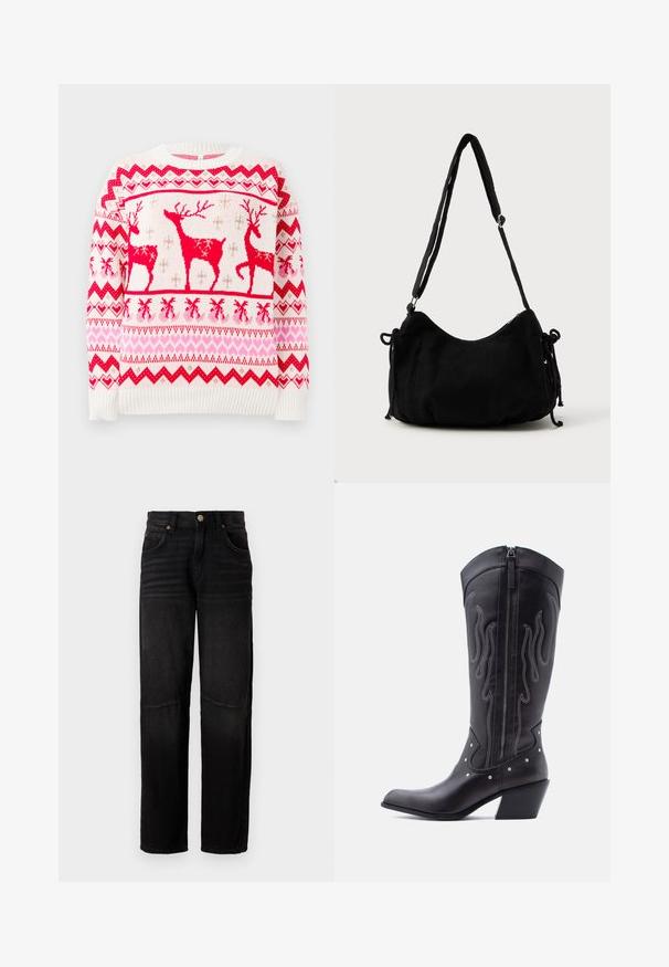Strikket sweater i hvid med et mønster af røde og pink rensdyr, som har hjerter og zigzag-motiver. Ribbenstrik ved ærmerne og i kanten. Klassisk rund halsudskæring.; Sorte denimjeans med lige ben, fem lommer, knaplukning og subtile falmede detaljer ved lårene og knæene.; Sorte cowboystøvler i læder med spids tå, synlige sømme, sølvfarvede nitte-detaljer og lynlås på den indvendige side.; Sort kordfløjls skuldertaske med en buet form, justerbar strop og snorelukninger på begge sider til størrelsejustering.