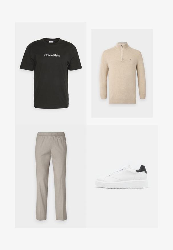 Beige langærmet striktrøje med ribstrikkede manchetter og kant, stående krave og kort lynlås ved halsudskæringen.; Sort bomulds T-shirt med rund hals og korte ærmer, med "Calvin Klein" logo i hvidt trykt på forsiden.; Lys grå bukser med elastisk talje, lige ben design og en glat stofstruktur. Ingen synlige mønstre eller hardware detaljer.; Hvide lædersneakers med en sort hælflap, flade snørebånd, struktureret mellemsål og branding på ydersiden. Designet til afslappet brug.