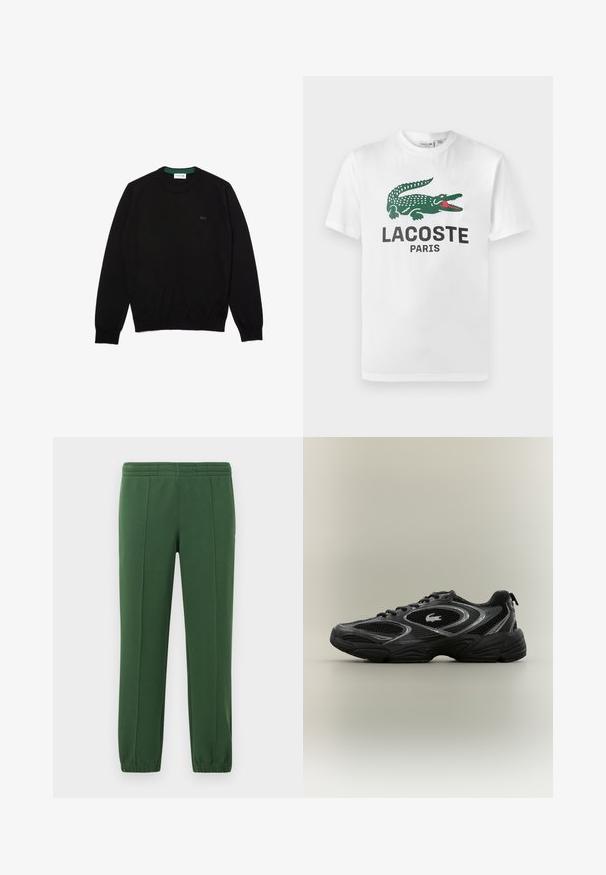Must must nagl, mis on valmistatud puuvillast, ribaga varruka- ja alläärtega, millel on rinnal väike must Lacoste logo.; Lacoste Trükipildiga T-särk - white; Rohelised dressipüksid pehmest kangast; omaduseks on elastne vöökoht, kitsenevad jalad ja väikene logo külje peal.; Mustade ja hallide sportlike sneakersiteeritud võrkpaneelidega, sidumisega disain, paks tallaosa ja väike krokodillilogo küljes.