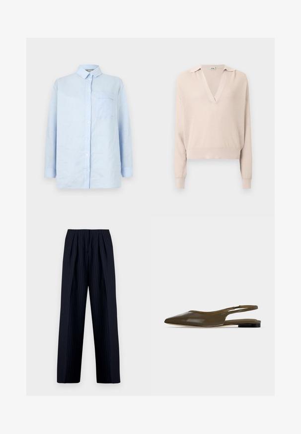 Pull beige en tricot avec col en V et col, manches longues et poignets côtelés. Le tissu présente un motif texturé.; Chemise bleu clair à manches longues avec boutons, col et une poche poitrine unique sur fond blanc.; Pantalons rayés bleu marine à coupe décontractée, dotés de plis sur le devant, d'une silhouette à jambes larges et d'une texture lisse.; Chaussure plate à bout pointu vert olive avec bride arrière, talon noir bas et finition lisse et brillante.