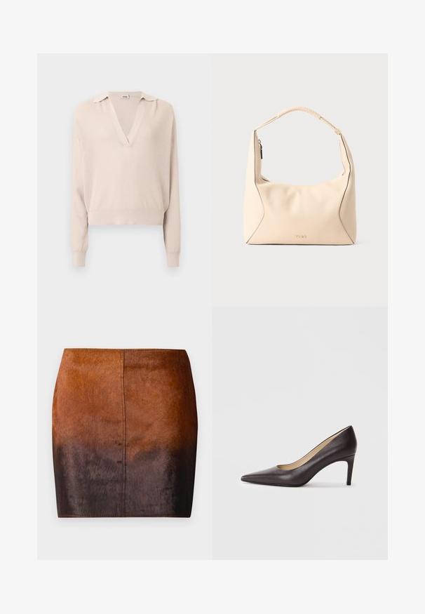 Pull beige en tricot avec col en V et col, manches longues et poignets côtelés. Le tissu présente un motif texturé.; Jupe mini dégradé brun en matériau doux, présentant une texture lisse, une silhouette ajustée et des coutures précises le long des bords.; Chaussure à talon haut en cuir marron à bout pointu avec un talon fin de 7 cm, texture lisse et design minimaliste. Pas d'ornements visibles.; Sac à main en cuir couleur crème avec poignée tressée et fermeture éclair dorée, avec un logo "HUGO" embossé subtil au centre avant.