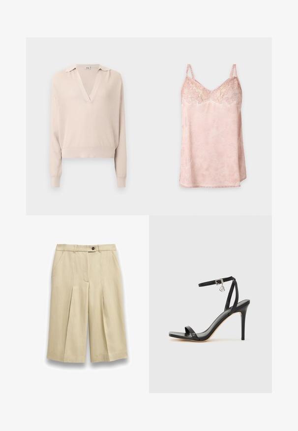 Pull beige en tricot avec col en V et col, manches longues et poignets côtelés. Le tissu présente un motif texturé.; Caraco en satin rose clair avec détails en dentelle florale sur le buste et fines bretelles réglables, présenté sur un fond uni.; Shorts beige tailleur longueur genou avec plis à l'avant, poches latérales, passants pour ceinture et une fermeture à bouton unique foncé à la taille.; Sandale à talon haut noire avec une bride étroite à la cheville, bout carré, cuir lisse et accent de boucle métallique.