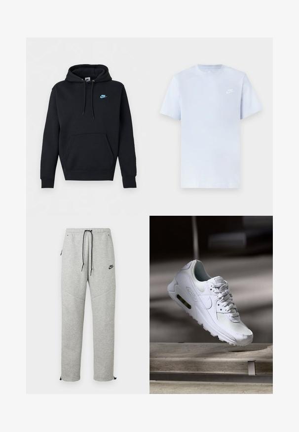 Čierna mikina Nike s predným klokanie kapsou, kapucňou so sťahovacou šnúrkou a malým modrým logom Nike na ľavej strane hrudníka.; Svetlomodré bavlnené tričko s krátkymi rukávmi, okrúhlym výstrihom a bielym logom Nike potlačeným na ľavej hrudi. Hladká textúra, jednoduchý dizajn.; Šedé Nike tepláky so sťahovacím pásom, bočnými vreckami a elastickými manžetami. Majú hladkú textúru a kontrastný čierny logotyp.; Biele tenisky Nike Air Max 90 s vrchnou časťou z kože a sieťoviny, perforovanou špičkou a viditeľnou vzduchovou jednotkou v päte.