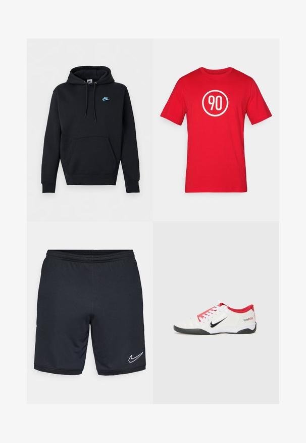 Čierna mikina Nike s predným klokanie kapsou, kapucňou so sťahovacou šnúrkou a malým modrým logom Nike na ľavej strane hrudníka.; Červené bavlnené tričko s bielym kruhovým grafickým motívom so číslom "90" v strede. Klasický okrúhly výstrih a krátke rukávy.; Čierne športové šortky vyrobené z hladkej, ľahkej textílie, s elastickým pásom a s bielym logom Nike v blízkosti lemu.; Biele atlétske topánky s červenými akcentmi, čiernym logom Swoosh a textúrovaným dizajnom. Majú biele šnúrky a čiernu podrážku. Text znie "total90."