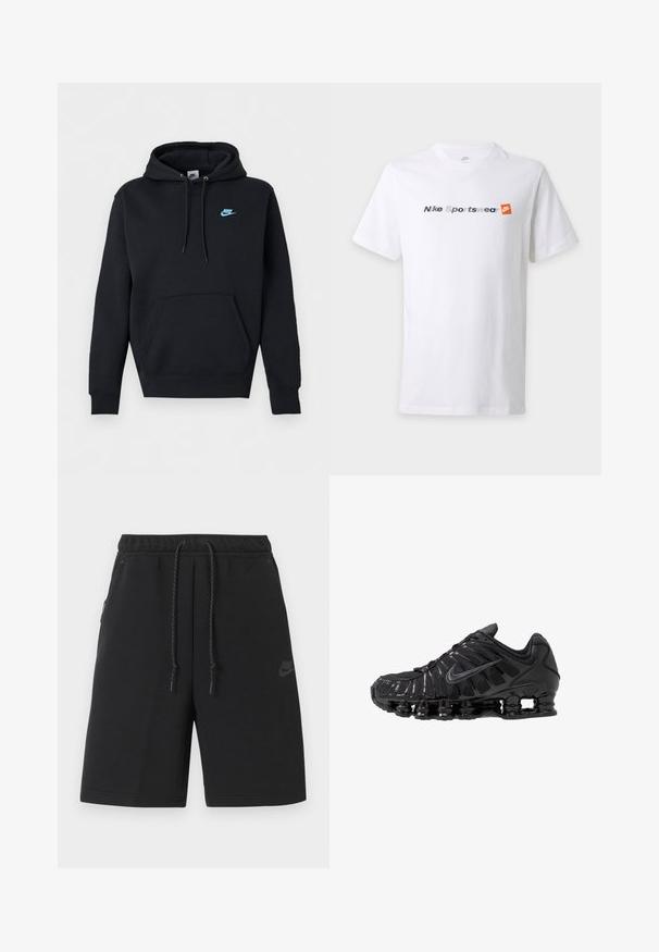 Μαύρο φούτερ Nike με μπροστινή τσέπη καγκουρό, κουκούλα με κορδόνι και μικρό μπλε λογότυπο Nike στο αριστερό στήθος.; Λευκό κοντομάνικο μπλουζάκι με το κείμενο "Nike Sportswear" σε γκρίζο και ναυτικό μπλε και πορτοκαλί λογότυπο Nike στο στήθος.; Μαύρο αθλητικό σορτς Nike με ελαστική μέση, κορδόνι ρύθμισης, πλαϊνές τσέπες και διακριτικό λογότυπο στο αριστερό μηρό.; Μαύρα αθλητικά παπούτσια κατασκευασμένα από δίχτυ και συνθετικά υλικά, με χαρακτηριστικό κυματιστό σχέδιο, μαύρη λαστιχένια σόλα και αντανακλαστικές λεπτομέρειες.