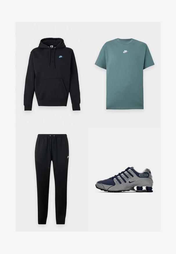 Zwarte Nike hoodie met voorvak (kangoeroezak), capuchon met trekkoord en klein blauw Nike-logo op de linkerkant van de borst.; Groen Nike T-shirt met korte mouwen, wit logo in het midden van de borst, ronde hals en een losse pasvorm.; Zwarte sweatpants van zacht materiaal, met een elastische tailleband met trekkoord, cuffs bij de enkels en een klein logo-detail aan de zijkant.; Navyblauwe en zilveren Nike Shox sneakers met een gedempte zool, strak design en vijf elastische veters; gestructureerd bovenwerk en logodetail op de hiel.