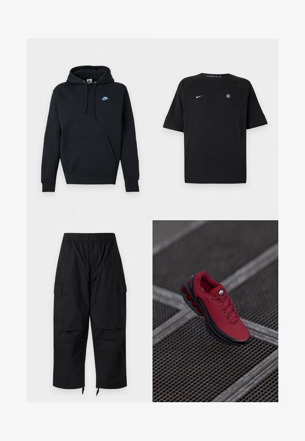 Schwarzer Nike Hoodie mit vorderer Kängurutasche, Kordelzugkapuze und kleinem blauem Nike-Logo auf der linken Brust.; Schwarzes Nike-Sportshirt mit kurzen Ärmeln, weißem Swoosh-Logo auf der linken Brust und kleinem quadratischem Emblem auf der rechten Brust, einfarbiger Hintergrund.; Schwarze Cargo-Hose mit elastischem Bund, mehreren Taschen und Reißverschlüssen an den Knöcheln, mit einem lockeren, entspannten Schnitt.; Rote Sneaker mit strukturiertem Obermaterial, ausgestattet mit schwarzen Akzenten und einem auffälligen Luftpolstersohlen-Design. Schnürsenkel und Logo sind oben sichtbar.