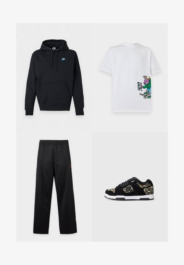Sort Nike hættetrøje med for-kengululomme, snøre i hætten og lille blåt Nike-logo på venstre bryst.; Hvid T-shirt med en farverig tegneseriefigur på et skateboard, der holder et gammelt videokamera i nederste højre hjørne.; Sorte bukser med vidde ben, elastisk linning og sidelommer, med subtile lodrette sømme og minimal tekst på højre lår.; Sort ruskinds sneaker med camomønster på siden, hvid mellemsål og sort gummisål. Har snørebånd og logo-detalje på siden.