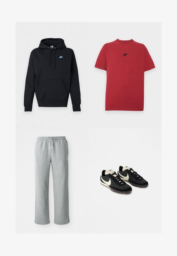 Schwarzer Nike Hoodie mit vorderer Kängurutasche, Kordelzugkapuze und kleinem blauem Nike-Logo auf der linken Brust.; Rotes Baumwoll-T-Shirt mit schwarzem Nike-Logo auf der Brust, kurzen Ärmeln, rundem Ausschnitt und normaler Passform. Glatte Textur.; Graue Sweatpants aus Baumwolle mit elastischem Bund, Kordelzugverschluss und geraden Beinen. Verfügt über ein kleines Logo auf der oberen linken Seite.; Schwarze Sportschuhe mit einer strukturierten Oberseite, weißem Swoosh-Logo und einer Gummisohle, die mit kleinen Noppen für besseren Halt ausgestattet ist. Beigefarbener Kragen.