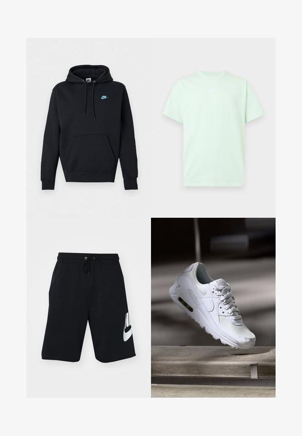Must Nike tõmblukkudega kapuutsiga dressipluus, ees konnakotis, reguleeritava nööriga kapuuts ja vasakul rinnal väike sinine Nike logo.; Heleheline roheline Nike lühikeste varrukatega T-särk, millel on ümar kaelus ja väike valge logo rindkere keskel, ühevärvilisel taustal.; Mustad puuvillased lühikesed püksid, millel on stringi vöökoht, küljetaskud ja suur valge Nike logo vasakul reiel. Klassikaline sportlik disain.; Valged Nike Air Max 90 sneakers, millel on võrkkangast ja nahast ülemine osa, aukudega varbadosa ning nähtav õhuüksus kandades.