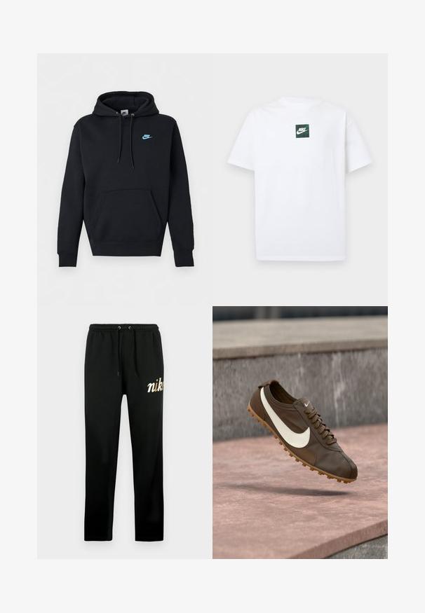 Μαύρο φούτερ Nike με μπροστινή τσέπη καγκουρό, κουκούλα με κορδόνι και μικρό μπλε λογότυπο Nike στο αριστερό στήθος.; Άσπρο κοντομάνικο T-shirt της Nike με μικρό πράσινο τετράγωνο λογότυπο που απεικονίζει το σήμα Swoosh της Nike και κείμενο στο κέντρο του στήθους.; Μαύρη φόρμα κατασκευασμένη από μαλακό ύφασμα, με ελαστική μέση και κορδόνια, στενά μπατζάκια και χρυσή κεντημένη στάμπα "nike".; Καφέ αθλητικό παπούτσι Nike με λευκό λογότυπο Swoosh και σόλα από καουτσούκ αιωρείται πάνω από ροζ πέτρινη επιφάνεια με γκρι πέτρινο φόντο.