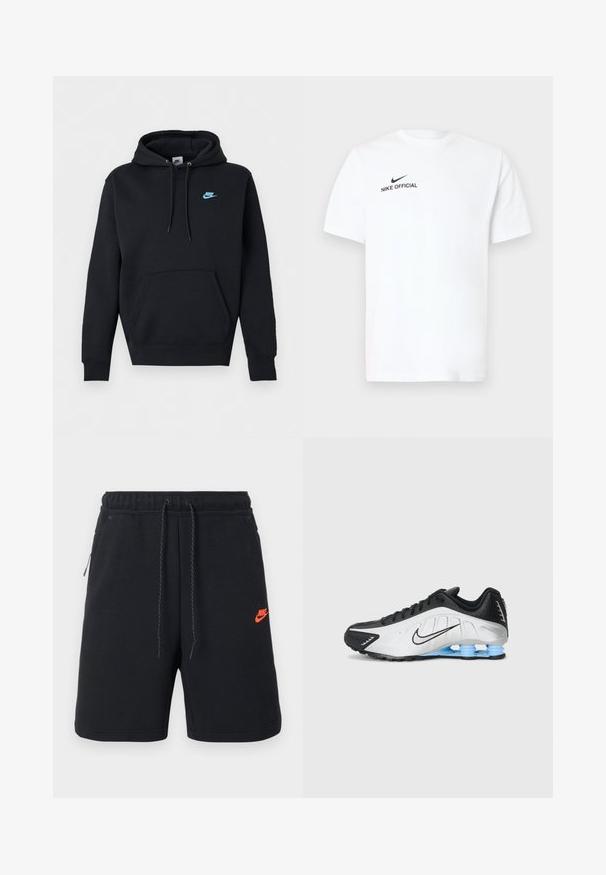 Sort Nike hættetrøje med for-kengululomme, snøre i hætten og lille blåt Nike-logo på venstre bryst.; Hvid bomulds T-shirt med korte ærmer. Har en sort "Nike Official"-logo og en sort swoosh på venstre brystside.; Sorte Nike-shorts med elastisk talje, snøre, sidelommer og lille orange Nike-logo på venstre lår.; Nike løbesko med en sort og hvid syntetisk overdel, struktureret design og en blå gummisål med stødabsorberende søjler.