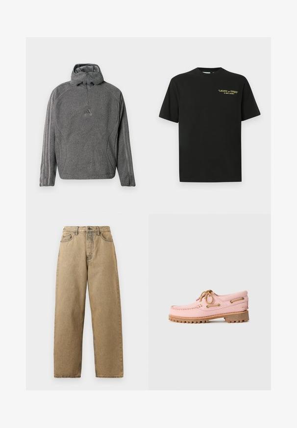 Grijze fleece pullover met een kwart-rits, hoge nek en drie smalle strepen langs de mouwen. Bevat een klein logo op de borst.; Zwarte katoenen t-shirt met een ronde hals en korte mouwen. Voorzijde met gele tekst: "LACOSTE op TENNIS" van René Lacoste.; Tan denim jeans met een rechte pijpontwerp, voorzien van een rits, riemlussen en contrasterende stiksels. Geen opvallende patronen of hardwaredetails.; Roze leren bootshoe met tan kleurige veters, metalen oogjes en een dikke bruine rubberen zool, zijwaarts weergegeven op een witte achtergrond.