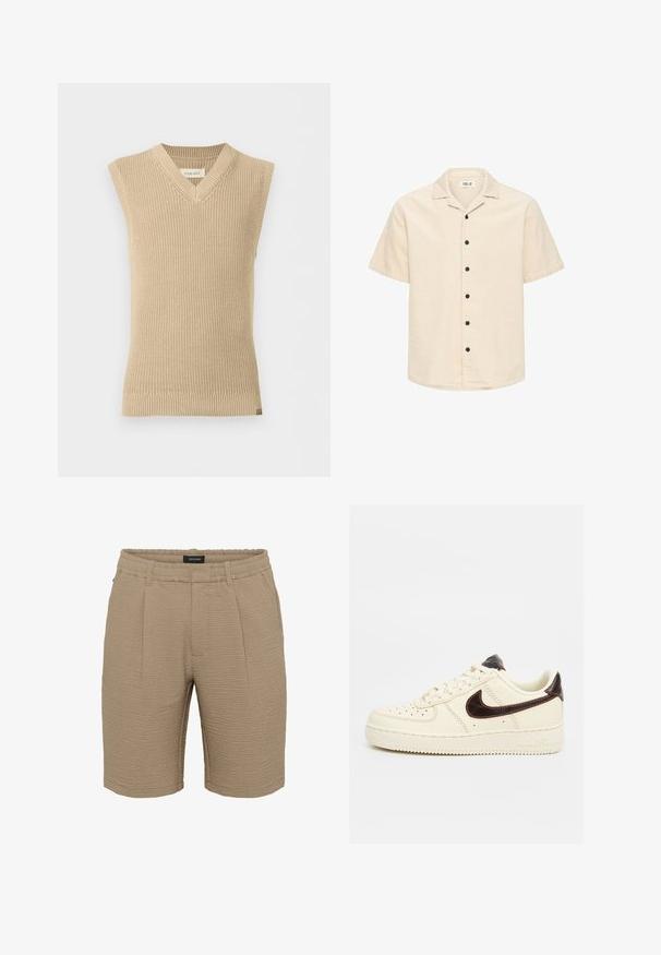 Beige, mouwloze gebreide trui met V-hals en geribde zoom, weergegeven tegen een effen witte achtergrond.; Korte mouwen knoopshirt in beige textuurstof, met een camp collar en zwarte knopen aan de voorkant. Eenvoudig, ontspannen ontwerp.; Beige shorts van gestructureerde stof met een gekreukt oppervlak, een elastische tailleband en twee plooien aan de voorkant.; Lage beige Nike Air Force 1 sneaker met zwart swoosh-logo, beige veters en beige zool op een neutrale achtergrond.