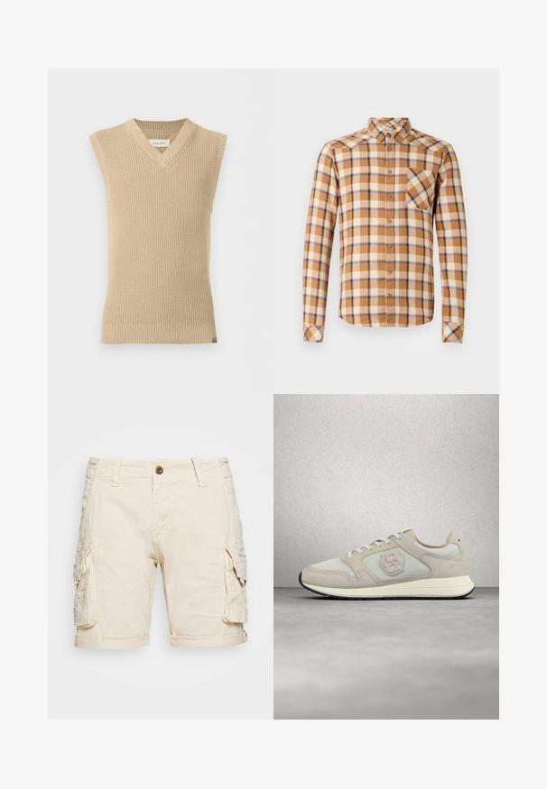 Gilet en tricot beige sans manches avec col en V et ourlet côtelé, présenté sur fond blanc uni.; Chemise à carreaux marron, crème et bleu, dotée d'un col button-down, de manches longues et d'une poche poitrine avec une coupe diagonale.; Shorts cargo beiges avec deux poches latérales, un ourlet roulé, une fermeture à bouton et des passants de ceinture. Fabriqués en tissu léger et texturé.; Chaussure de sport beige en mesh et daim, bout arrondi, lacets blancs, semelle extérieure texturée avec des accents noirs. Détail du logo sur le côté.