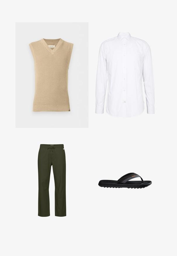 Chaleco de punto beige sin mangas con escote en V y bajo acanalado, mostrado sobre un fondo blanco liso.; Camisa blanca de manga larga hecha de algodón. Presenta un cuello, cierre frontal con botones y puños con un solo botón. Textura suave, diseño limpio.; Pantalones verde oliva con cintura de cordón, diseño de pierna recta, textura de tela suave y una etiqueta de logo sutil en el frente.; Chancla de goma negra con suela texturizada, tira de tela y costuras naranjas, diseñada para uso informal al aire libre.