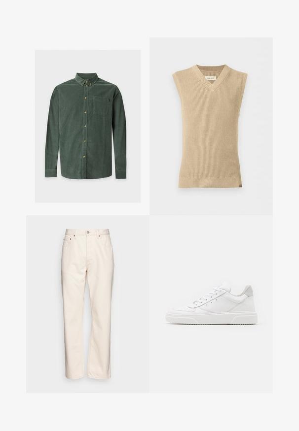 Gilet en tricot beige sans manches avec col en V et ourlet côtelé, présenté sur fond blanc uni.; Chemise en velours côtelé vert à manches longues, col boutonné, poche poitrine avant et boutons beige sur le devant et au col.; Jean en denim couleur crème avec une coupe droite. Dispose de cinq poches, d'une fermeture à bouton à l'avant et de détails de couture contrastés.; Des baskets en cuir blanc avec une finition lisse, un bout rond, des lacets plats et une semelle texturée. Accents en daim gris au niveau du talon.