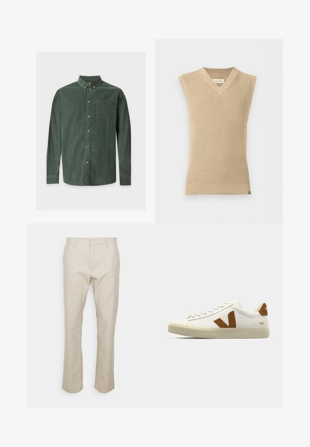 Gilet en tricot beige sans manches avec col en V et ourlet côtelé, présenté sur fond blanc uni.; Chemise en velours côtelé vert à manches longues, col boutonné, poche poitrine avant et boutons beige sur le devant et au col.; Pantalons en lin beige avec jambes droites, poches avant et texture lisse. Design minimaliste ; sans motifs ou éléments visibles.; Baskets en cuir blanc avec un logo V en suède marron, bout arrondi, design à lacets plats et semelle texturée pour une meilleure adhérence.