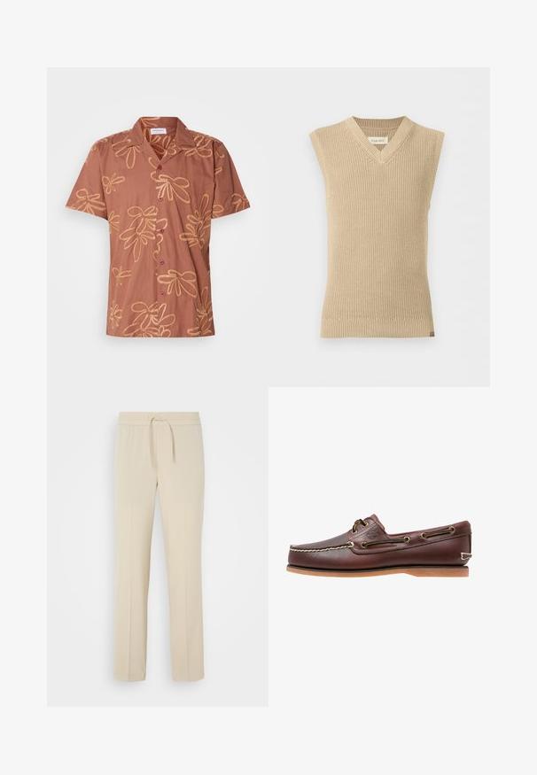 Chaleco de punto beige sin mangas con escote en V y bajo acanalado, mostrado sobre un fondo blanco liso.; Camisa marrón de manga corta con un patrón floral en hilo dorado, con dos botones oscuros y un cuello. Tejido suave con un corte holgado.; Pantalones beis con cintura elástica y cordón. Presentan piernas rectas y una textura suave, adecuados para el uso casual o para relajarse.; Zapato náutico de cuero marrón con costuras blancas, detalles de cordones y suela de goma color coñac, mostrado de lado sobre un fondo blanco.